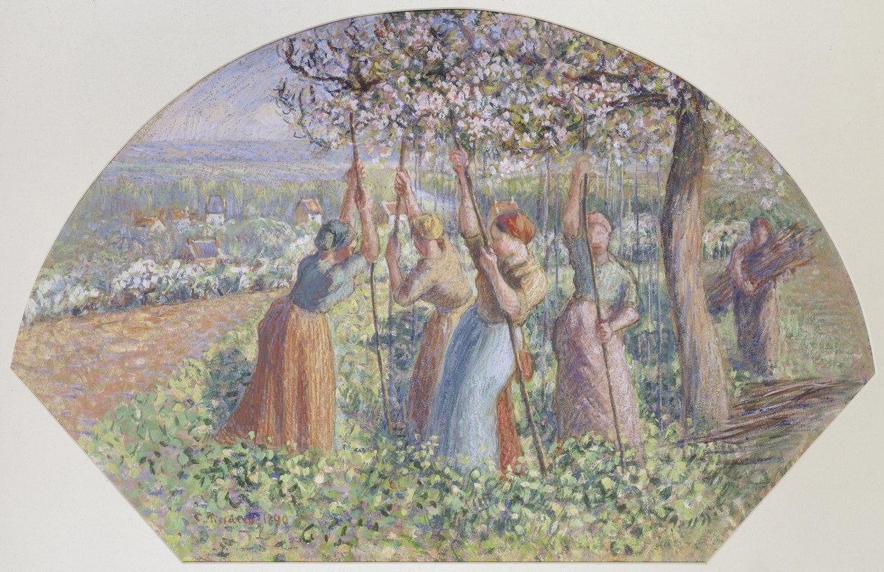 Design til en fan: The Pea Stakers, 1890 (gouache over sort kridt på groft brunt papir) af Camille Jacob Pissarro
