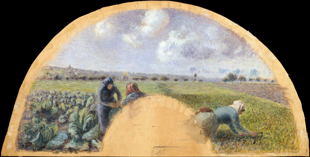 Fan Mount: The Cabbage Gatherers, ca. 1878-79 (gouache på silke) af Camille Jacob Pissarro