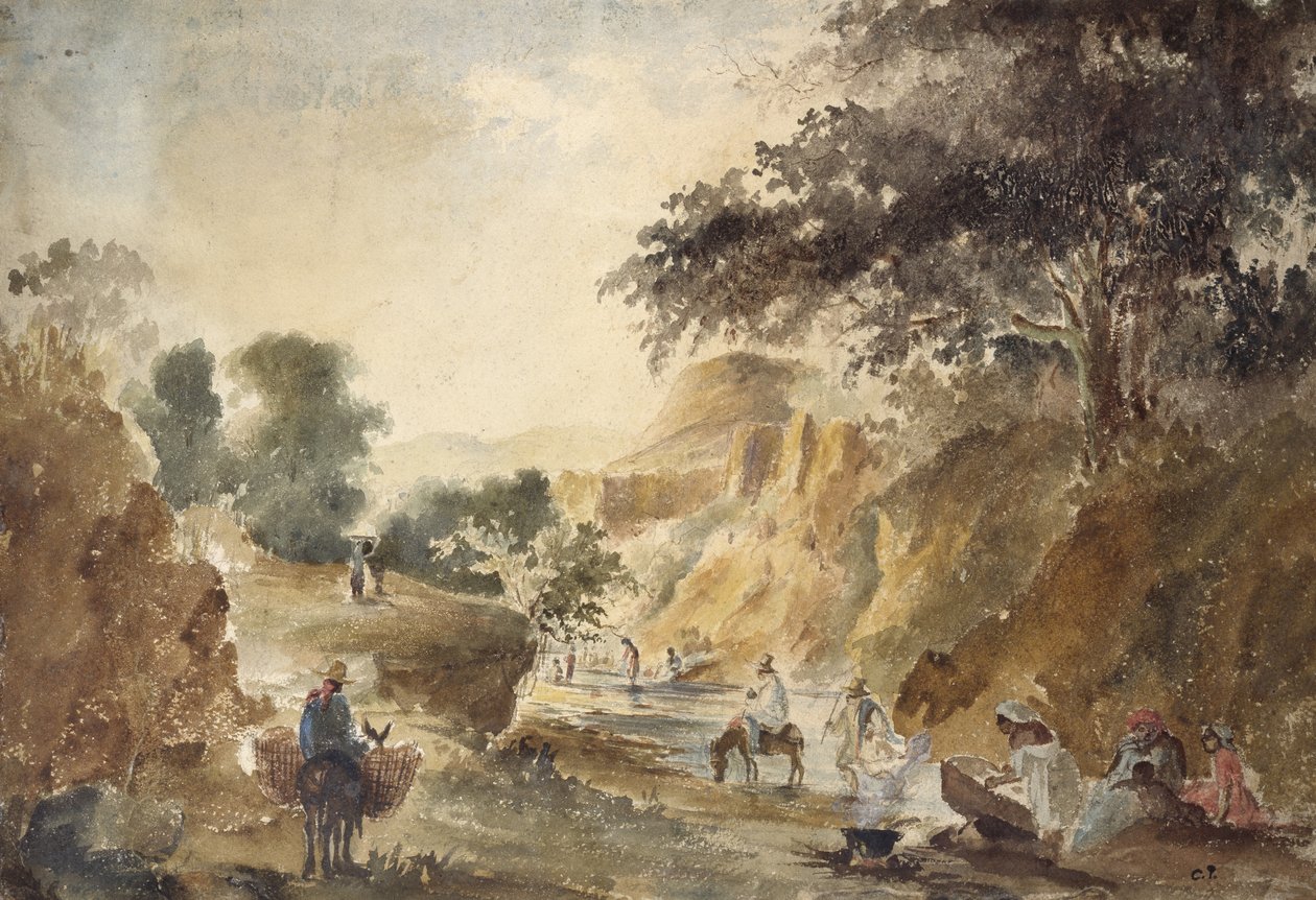 Landskab med figurer ved en flod, 1853 - 1854 (akvarel over blyant) af Camille Jacob Pissarro