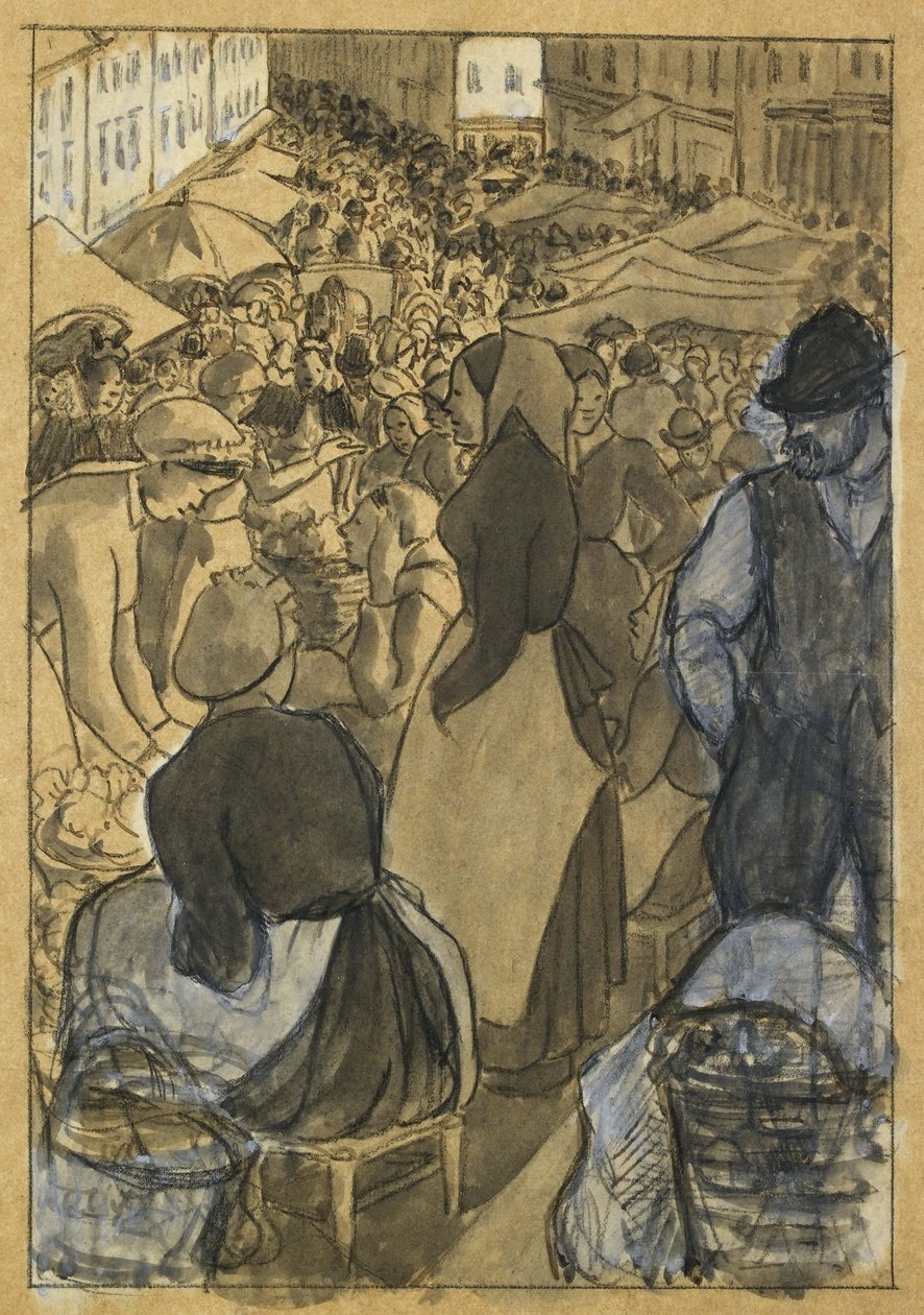 Markedsscene (sort farveblyant med pen og sort blæk, grå vask og hvid kropsfarve på kalkerpapir, lagt på stift hvidt papir) af Camille Jacob Pissarro
