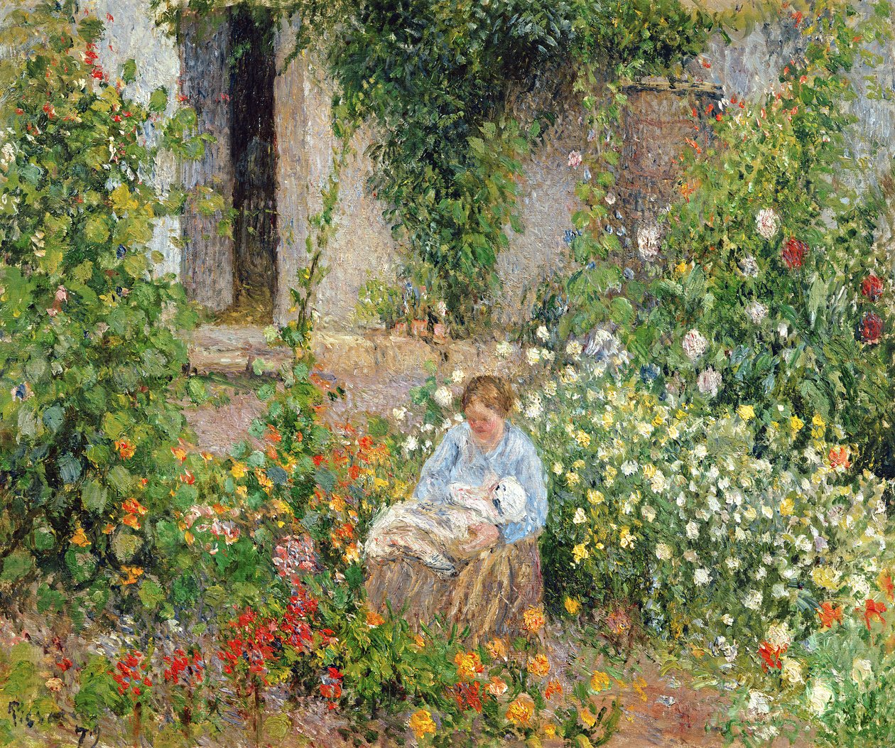 Mor og barn i blomsterne, 1879 af Camille Jacob Pissarro