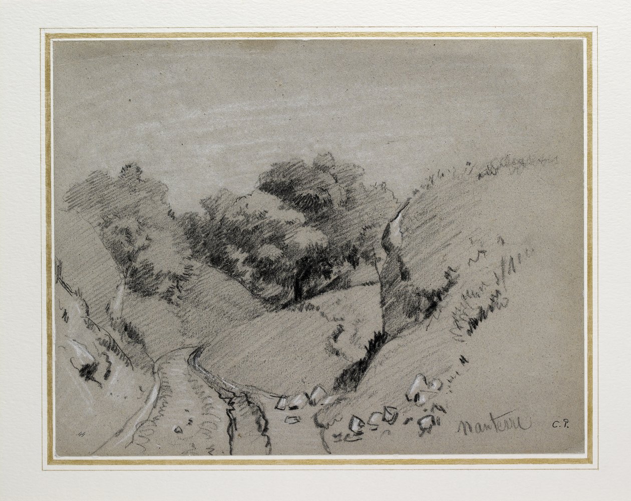 Nanterre, ca. 1860 (kul forhøjet med hvidt kridt på gråt papir) af Camille Jacob Pissarro