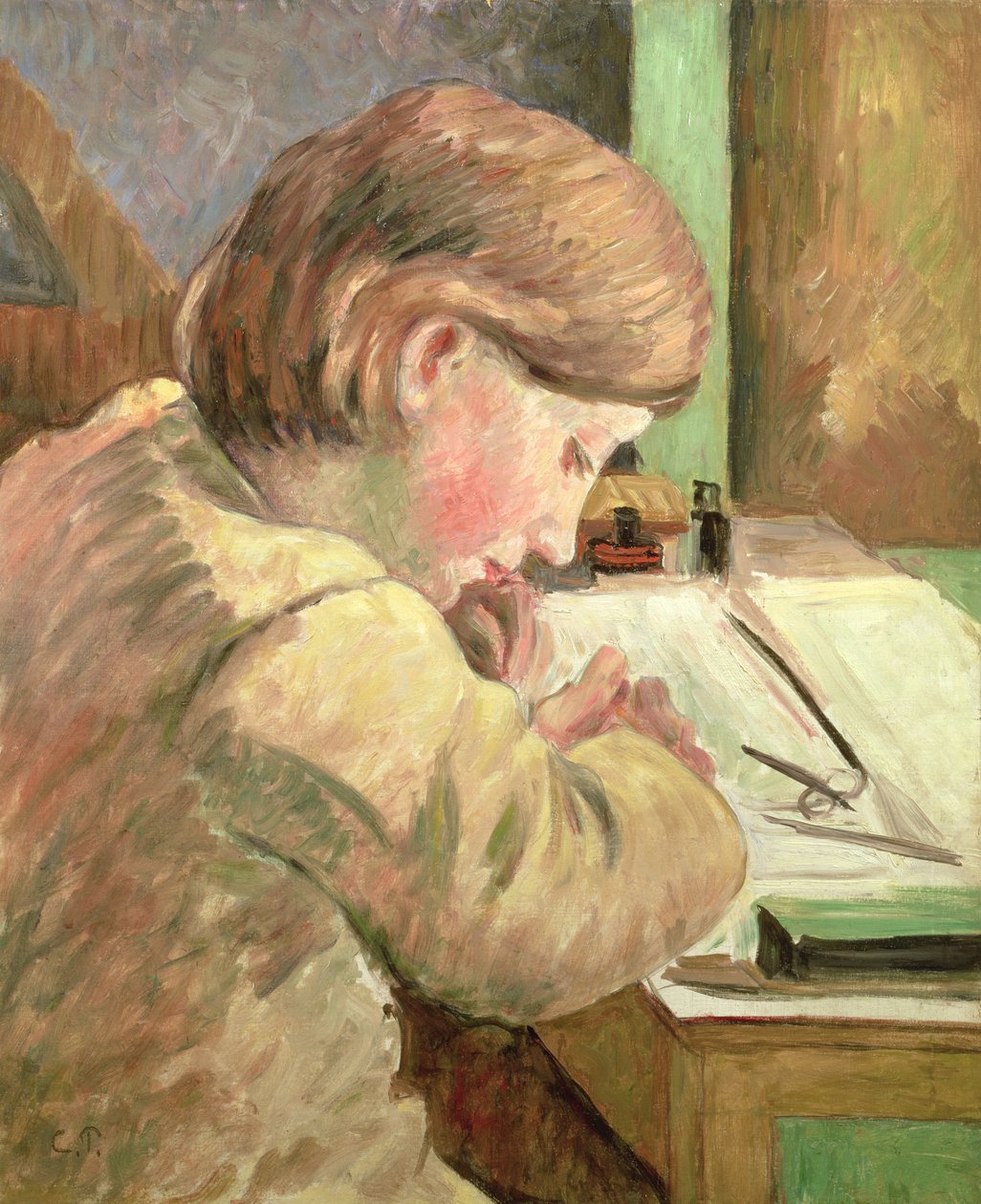 Paul Writing, ca. 1894 af Camille Jacob Pissarro