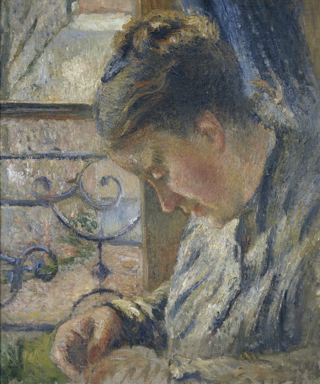 Portræt af Madame Pissarro, der syr ved siden af et vindue, 1800-tallet af Camille Jacob Pissarro