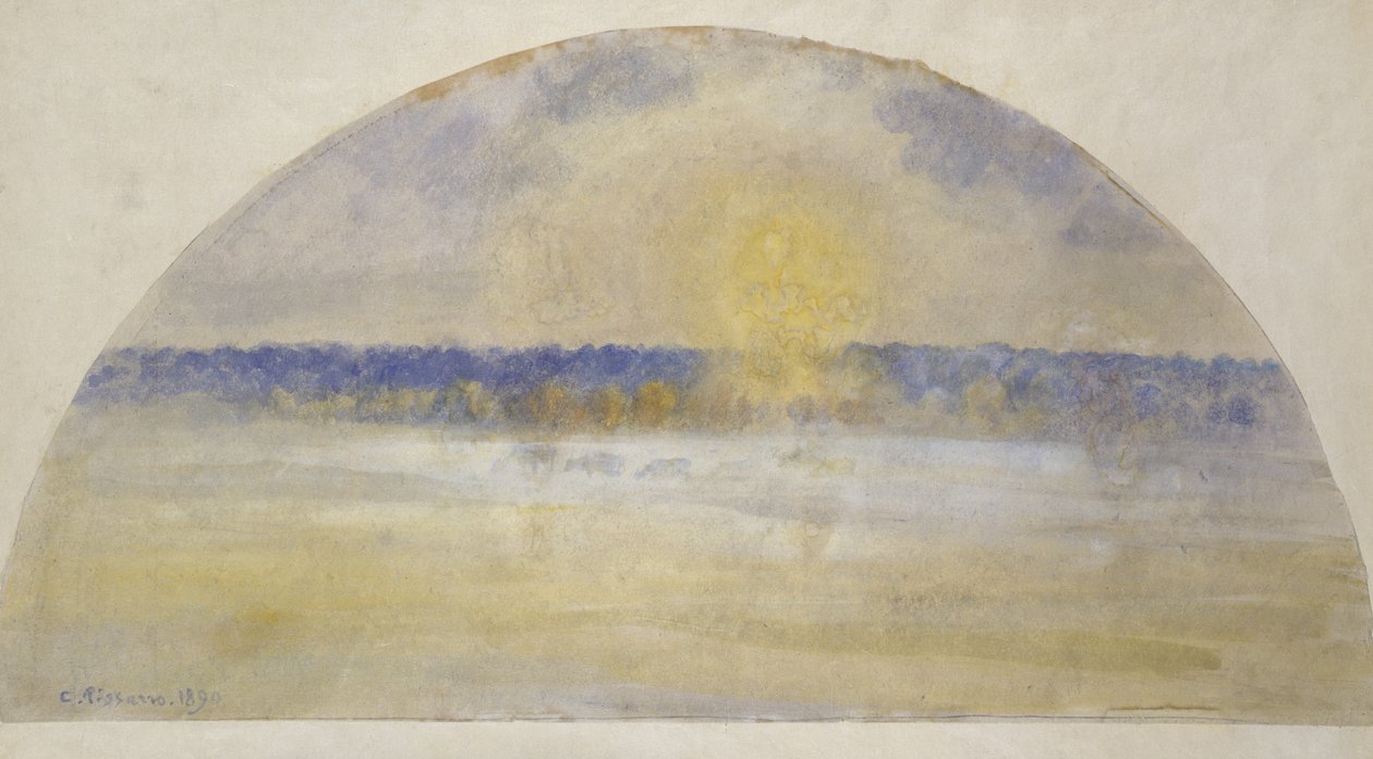 Nedgående sol og tåge, Eragny (akvarel blandet med tempera på japansk papir lagt på japansk velum) af Camille Jacob Pissarro