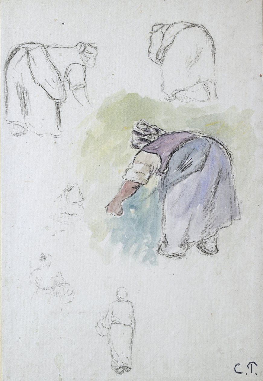 Studieark: fire undersøgelser af en kvindelig bonde, der bøjer sig, og to undersøgelser af en kvinde, der holder en kurv, set henholdsvis forfra og bagfra, 1874 (sort kridt og akvarel over trækul) af Camille Jacob Pissarro
