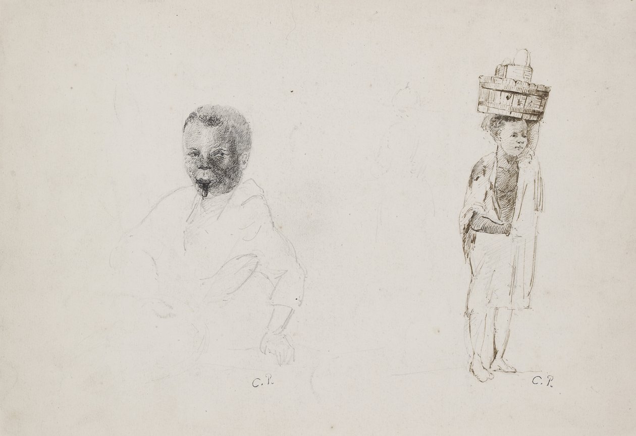 Studier af to unge drenge med svage indikationer af en kvindeskikkelse, 1852 (blyant med pen og blæk på papir) af Camille Jacob Pissarro