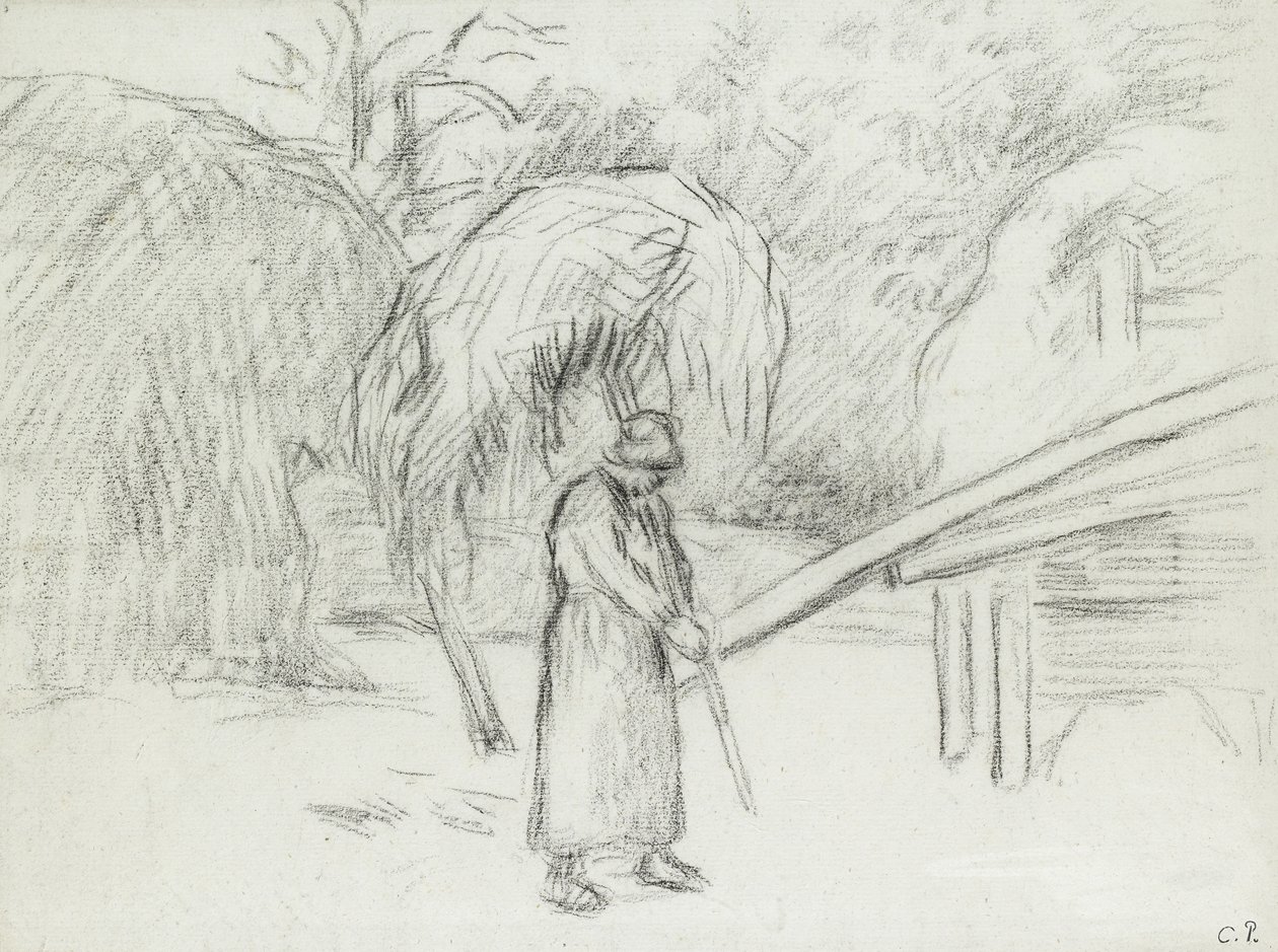 Studie af en kvindelig bonde, der bærer et læs hø på gården ved Foucault, ca. 1875 (kul) af Camille Jacob Pissarro