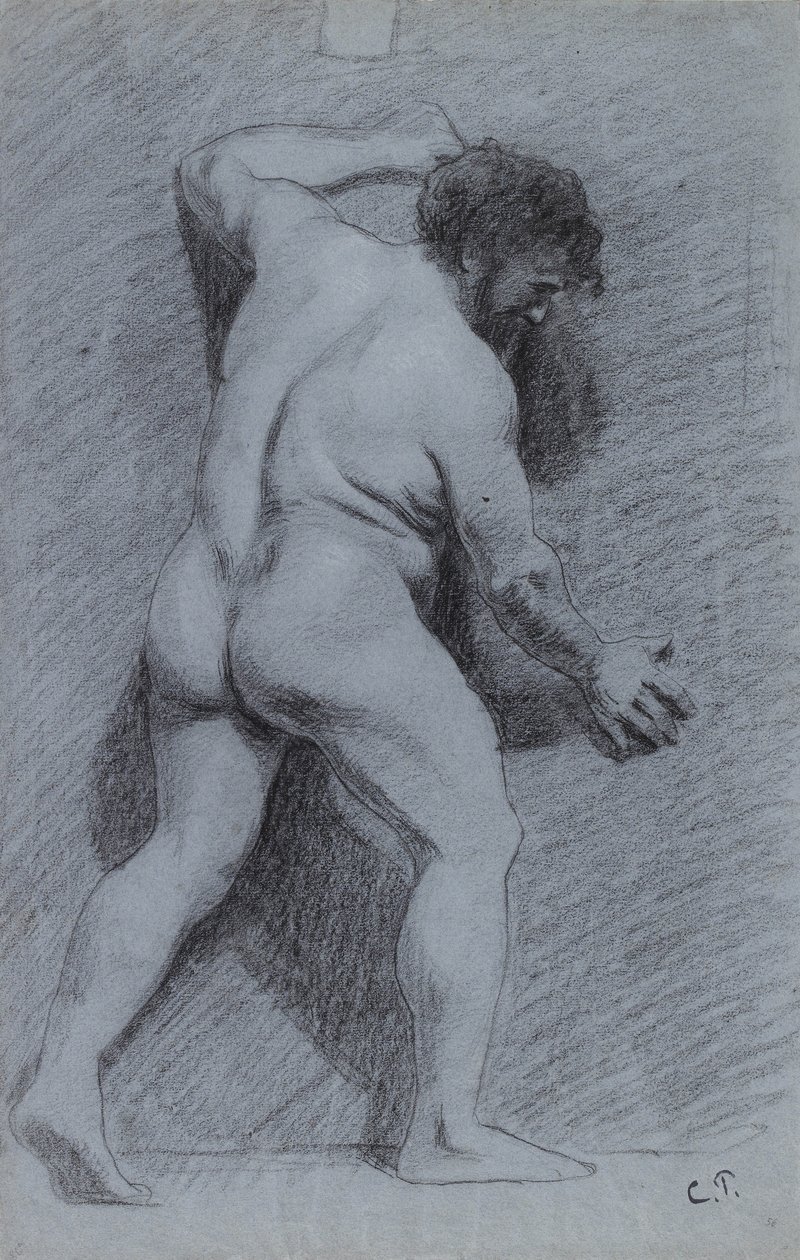 Studie af en nøgen mand poseret mod en væg, set i profil, vendt mod højre af Camille Jacob Pissarro