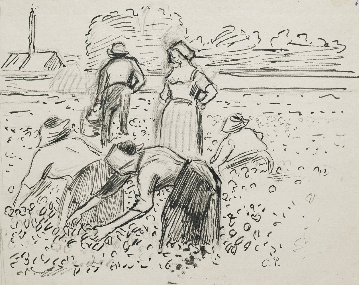 Studie af fem bondefigurer, der arbejder på en mark, 1887 (pen og blæk over sort kridt) af Camille Jacob Pissarro