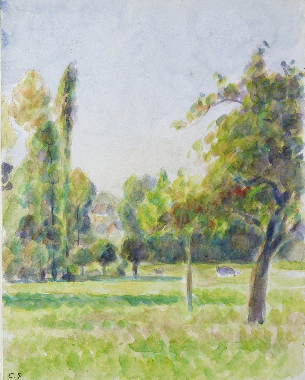 Studie af frugtplantagen i kunstnerens hus i Eragny-sur-Epte, ca. 1890 (akvarel over blyant) af Camille Jacob Pissarro