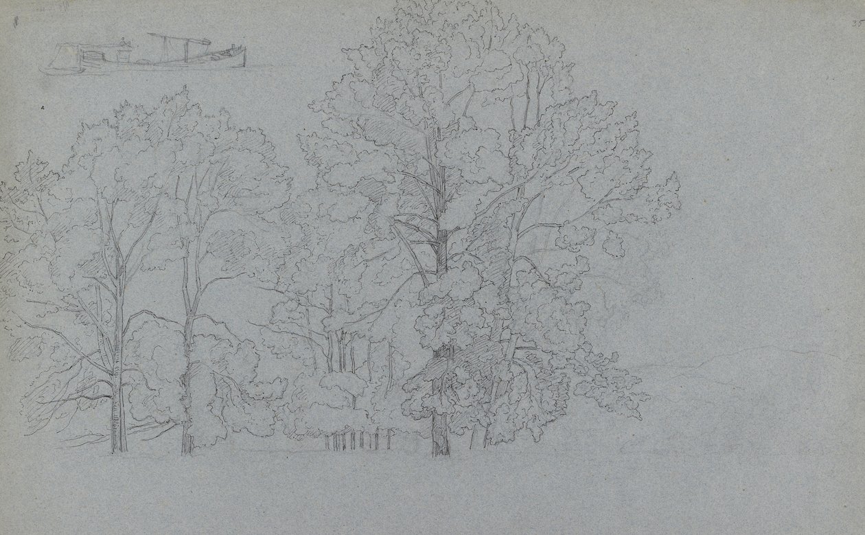 Studie af træer, med en lille undersøgelse af en pram, 1859 (pen og mørk blæk over grafit på gråblåt papir) af Camille Jacob Pissarro