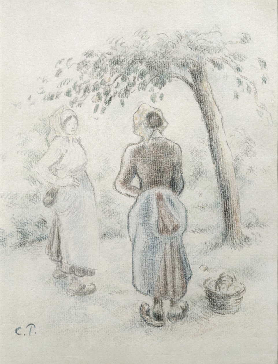 Kvinden under æbletræet, ca. 1896 (farveblyant på papir) af Camille Jacob Pissarro
