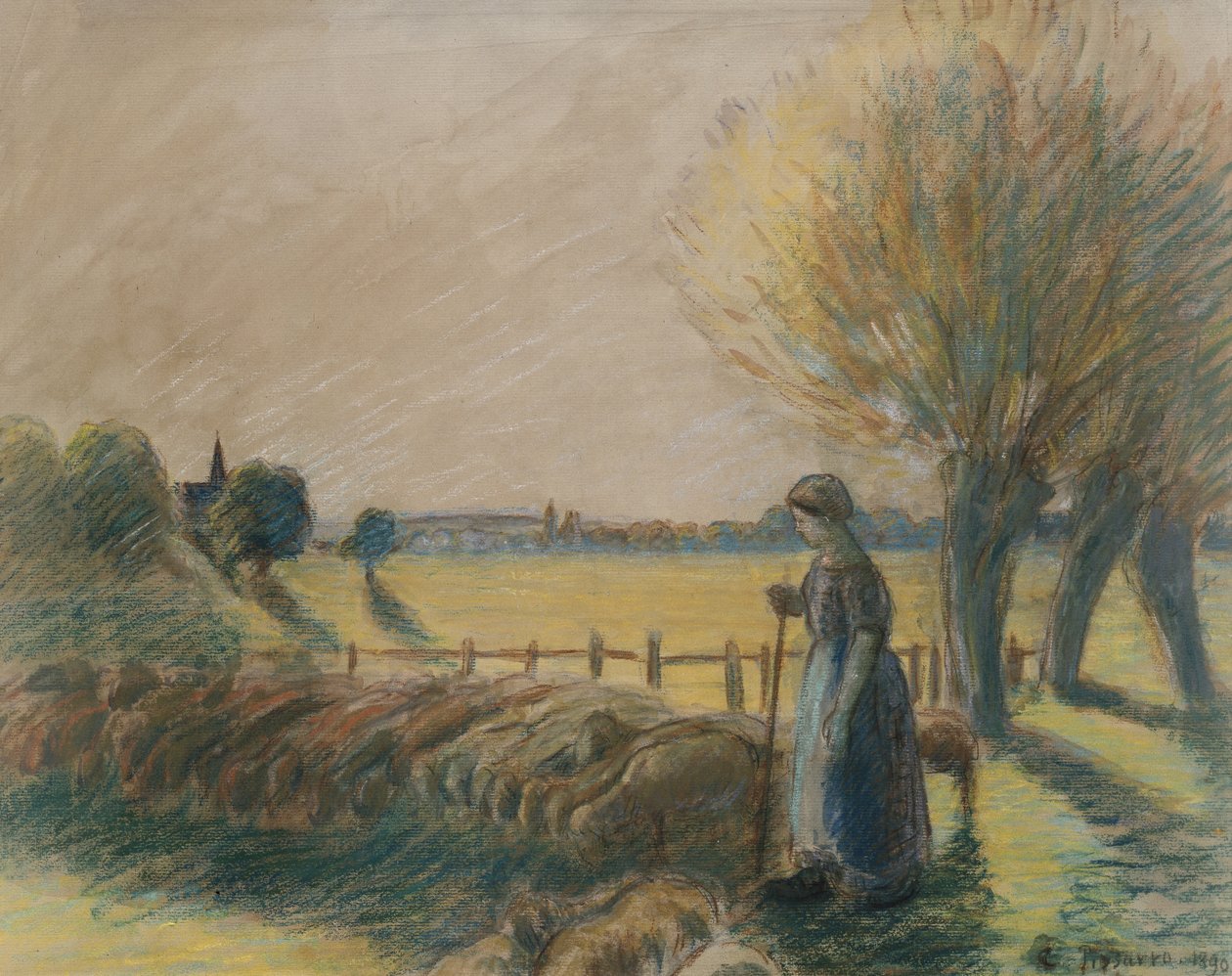 Hyrdinden af Eragny (tempera og pastel med spor af akvarel og blyant på gråt papir) af Camille Jacob Pissarro