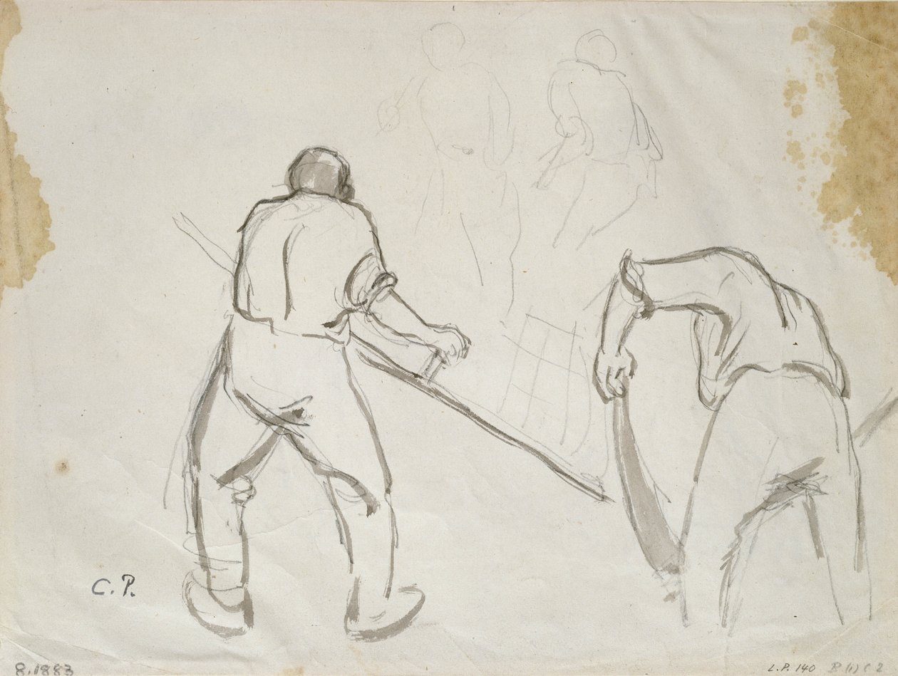 Tre undersøgelser af en mandlig høstmaskine (grå vask over blyant på papir) af Camille Jacob Pissarro