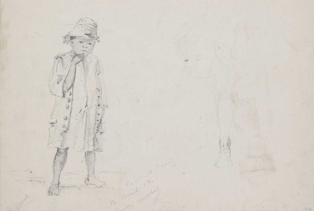 Hellængdestudie af en lille dreng med svage studier af ansigtet og venstre ben set bagfra, 1852 (blyant med pen og blæk på papir) af Camille Jacob Pissarro