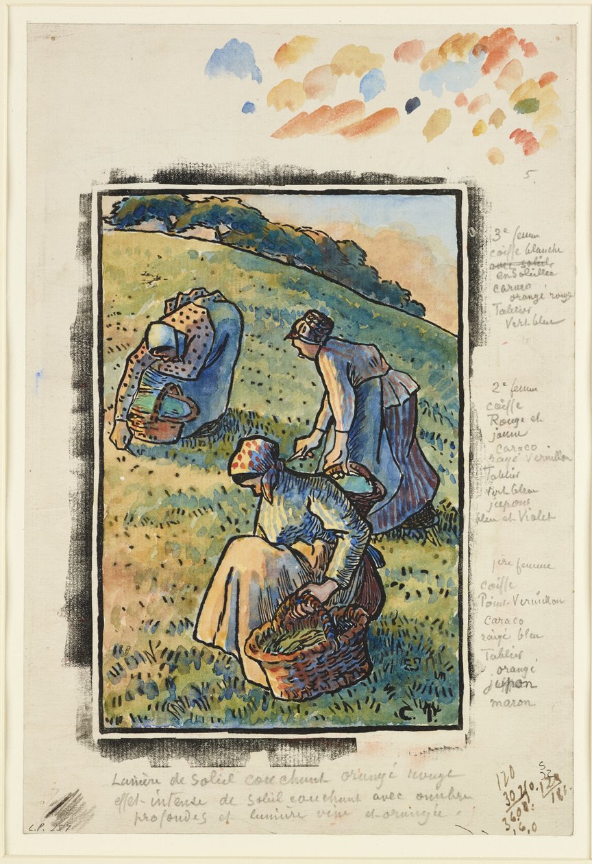 Kvinder luger græs (træsnit og wc på papir) af Camille Jacob Pissarro