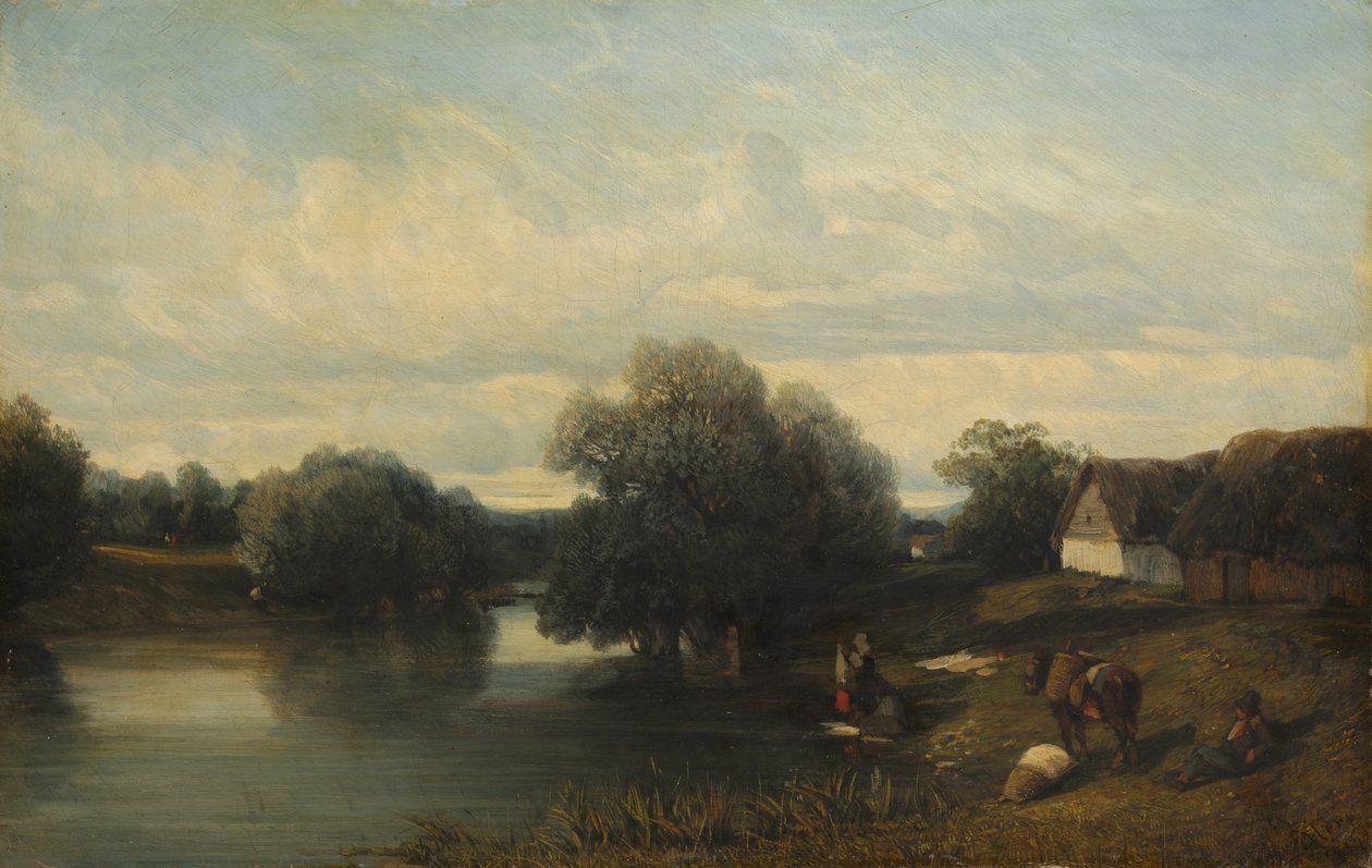 Sommerhus ved floden med vaskekoner, 1835. af Camille Flers