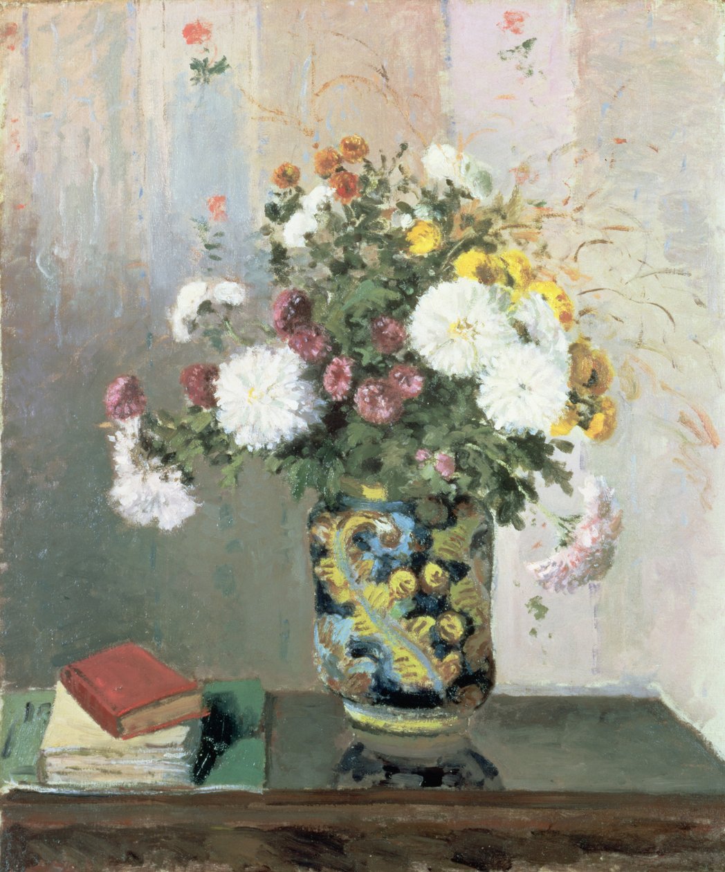 Buket blomster, krysantemum i en kinesisk vase af Camille Jacob Pissarro