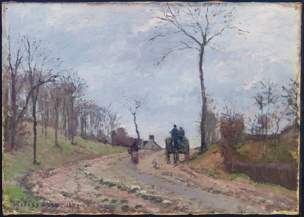 Vogn på en landevej, vinter, udkanten af Louveciennes, 1872 af Camille Jacob Pissarro
