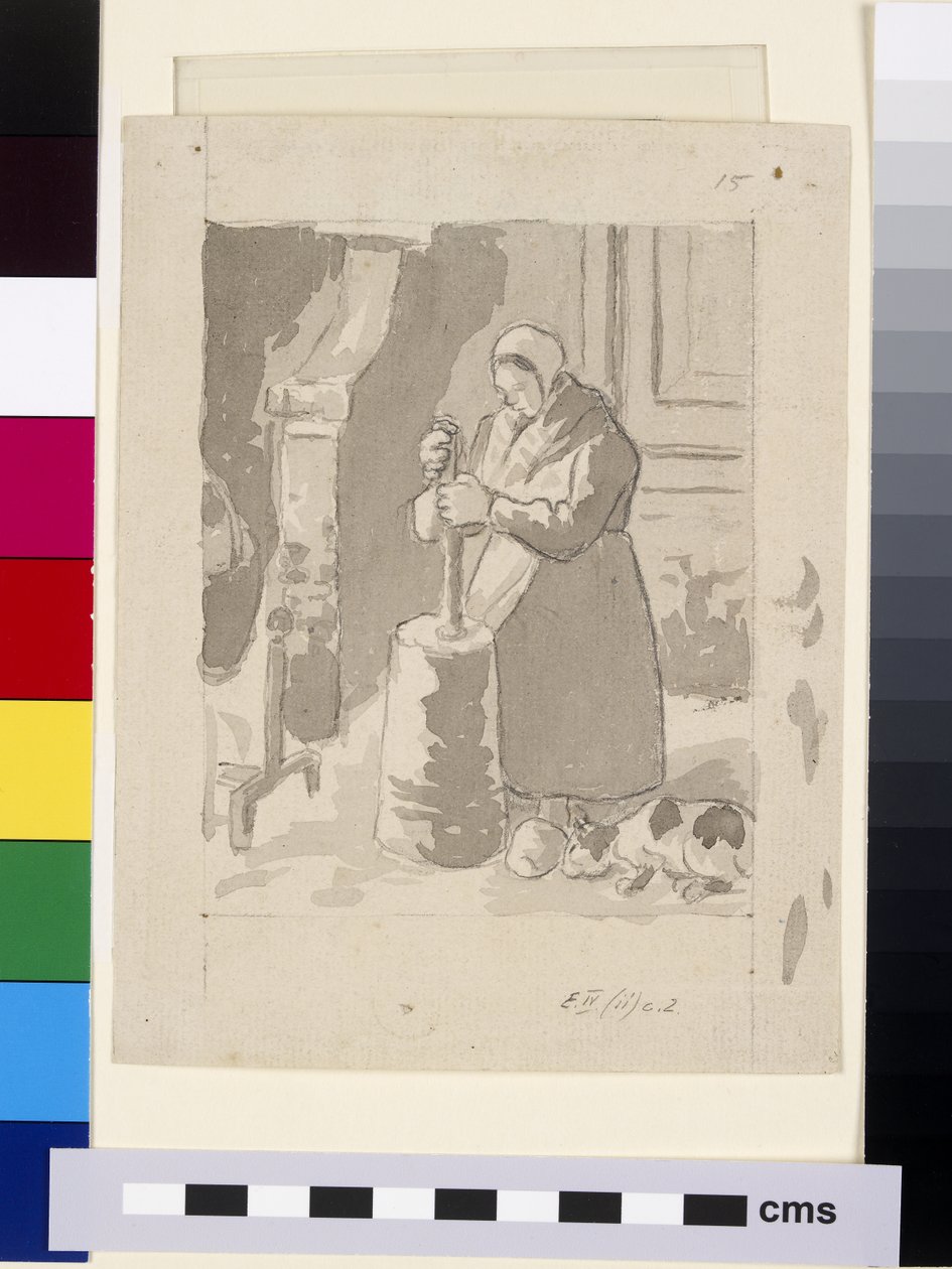Kompositionsstudie af en kvindelig bonde, der laver smør (grå vask og kinesisk hvid over sort kridt på papir) af Camille Jacob Pissarro