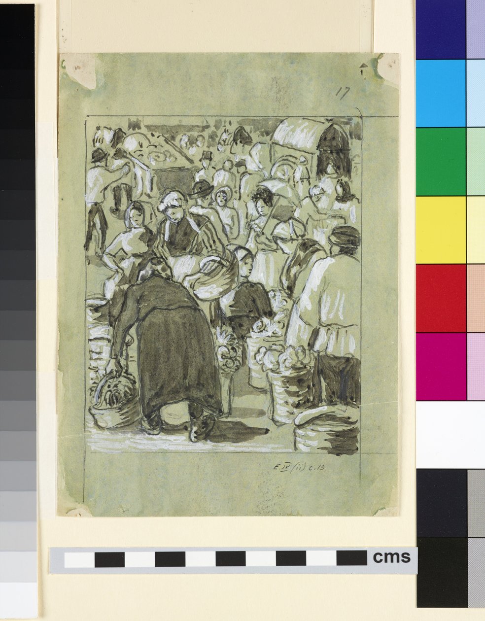 Kompositionsundersøgelse af et marked (grå vask med kinesisk hvid på papir) af Camille Jacob Pissarro