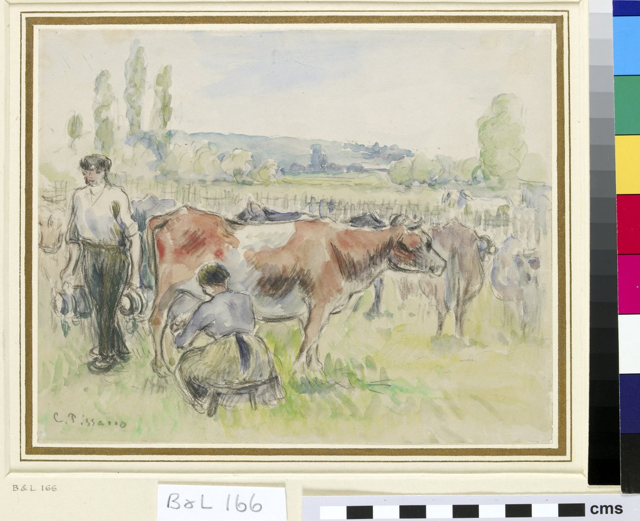 Kompositionsstudie af en malkescene ved Eragny-sur-Epte (wc over sort kridt på papir) af Camille Jacob Pissarro