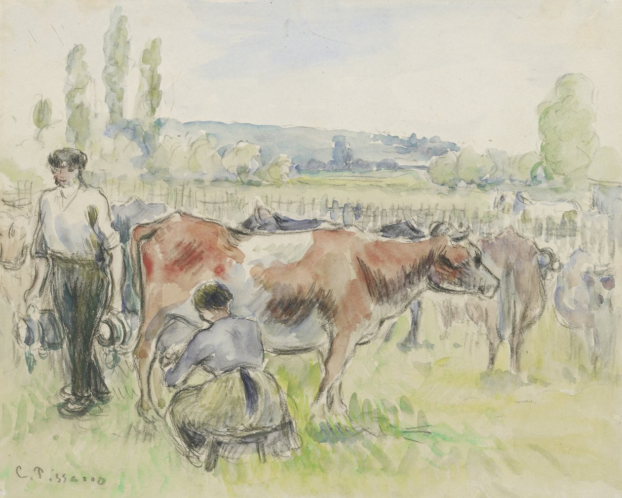 Kompositionsstudie af en malkescene i Eragny-sur-Epte, 1884 (akvarel over sort kridt) af Camille Jacob Pissarro