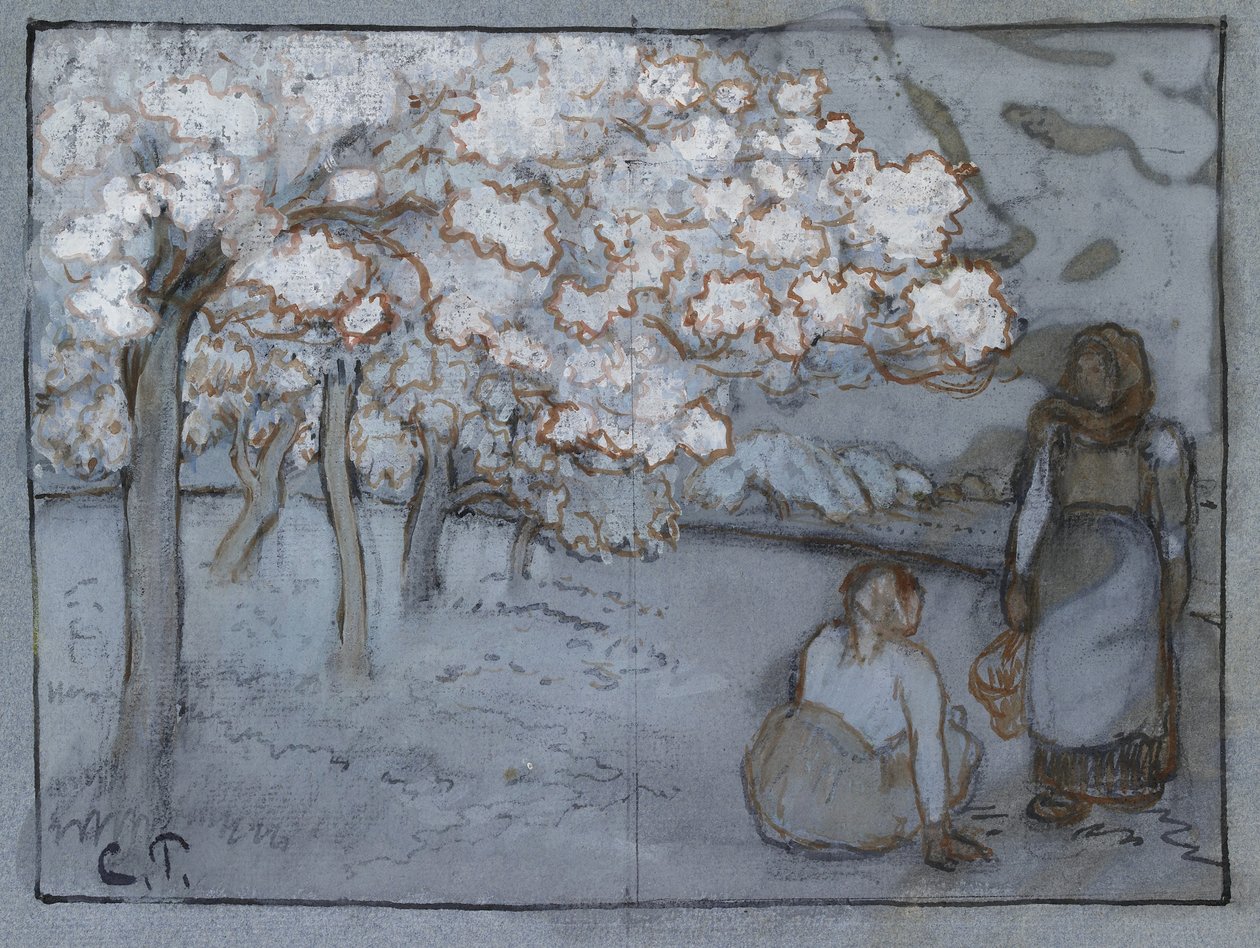 Kompositionsstudie af to kvindelige bønder, der taler i en frugtplantage, ca. 1894 (rødbrun og indisk tusch over trækul forhøjet med bodycolour på blåt papir) af Camille Jacob Pissarro
