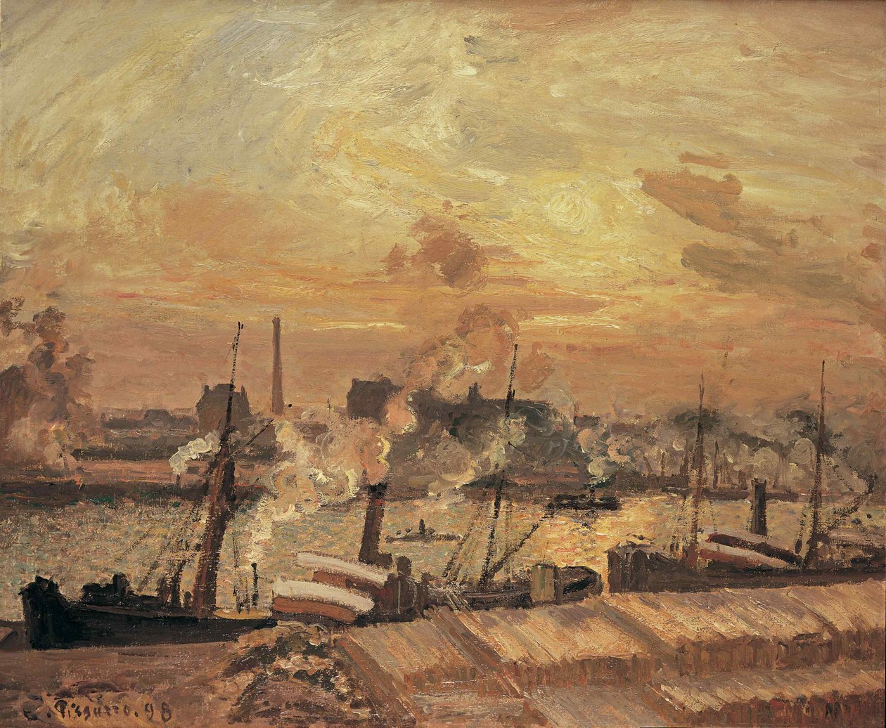 Aflæsning af træ, Quai de la Bourse, solnedgang, 1898. af Camille Jacob Pissarro