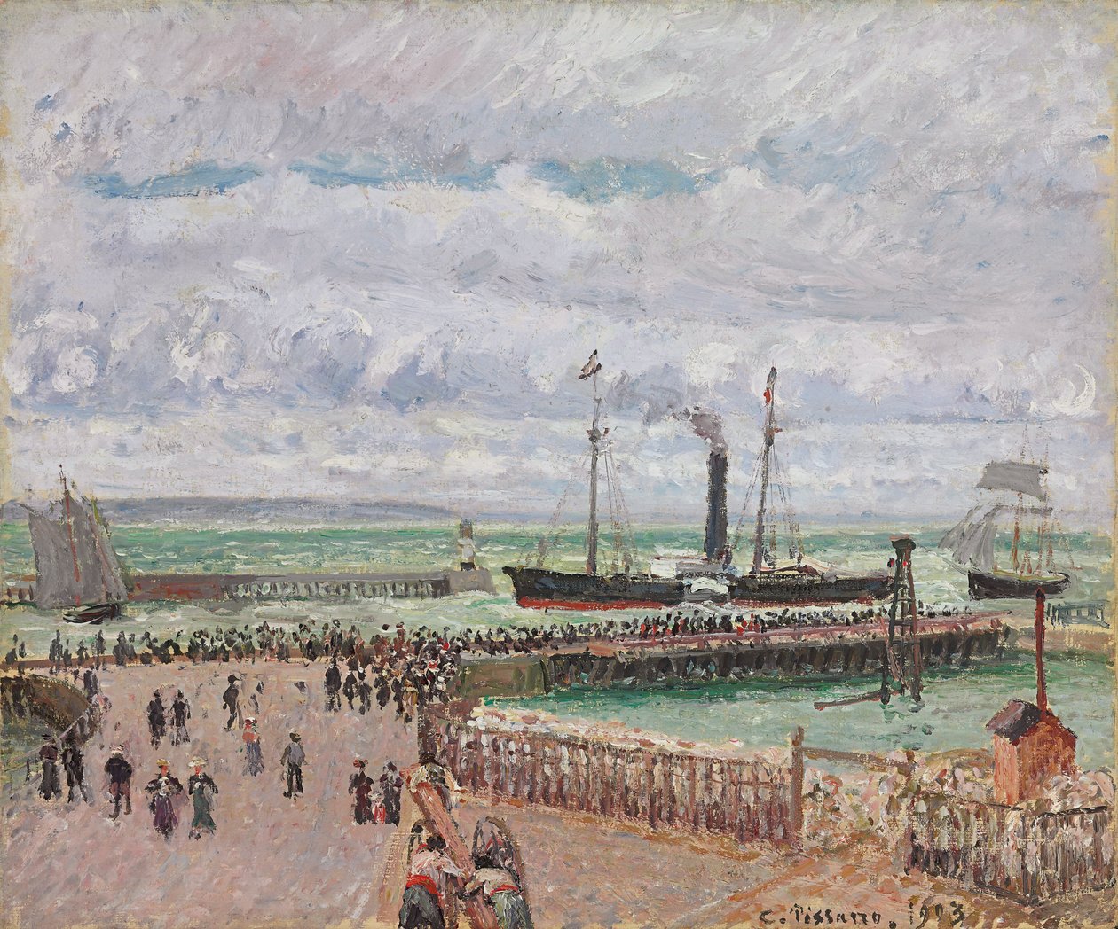 Indgang til havnen i Le Havre og de vestlige bølgebrydere, lysende gråt vejr; Indgang til havnen i Le Havre og den vestlige bølgebryder, lyst gråt vejr, 1903 af Camille Jacob Pissarro