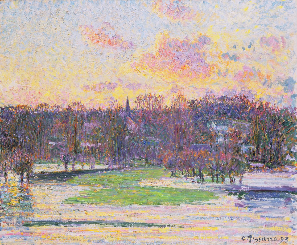 Oversvømmet solnedgang af Camille Jacob Pissarro