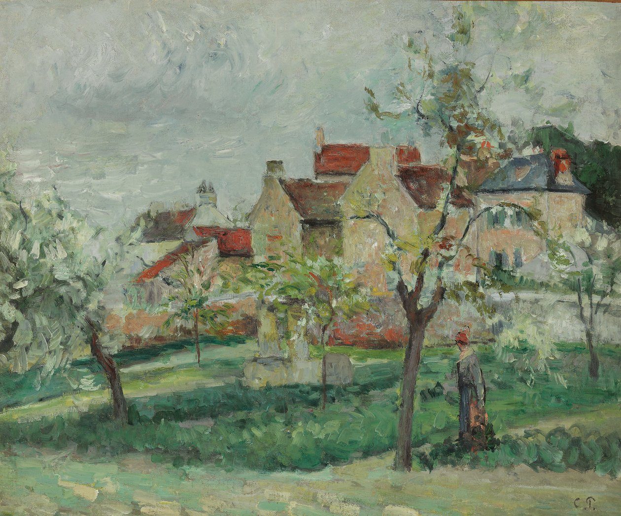 Blomstrende Plum Tress, Pontoise; Blommetræer i blomst, Pontoise, ca. 1876 af Camille Jacob Pissarro