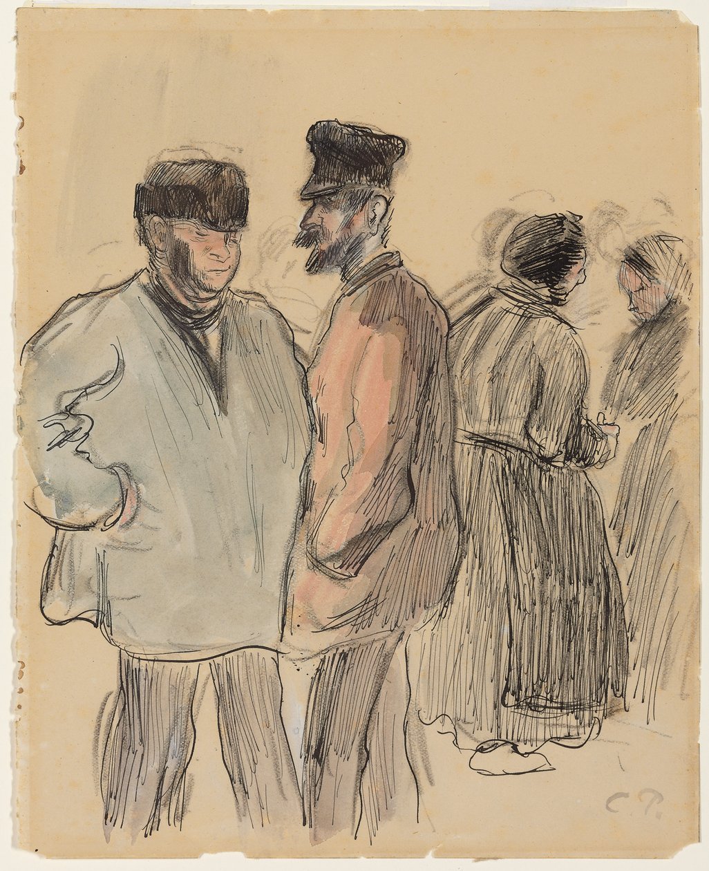 Gruppe af mennesker på markedet, Gisors; Gruppe af figurer på markedet, Gisors, ca. 1891 af Camille Jacob Pissarro