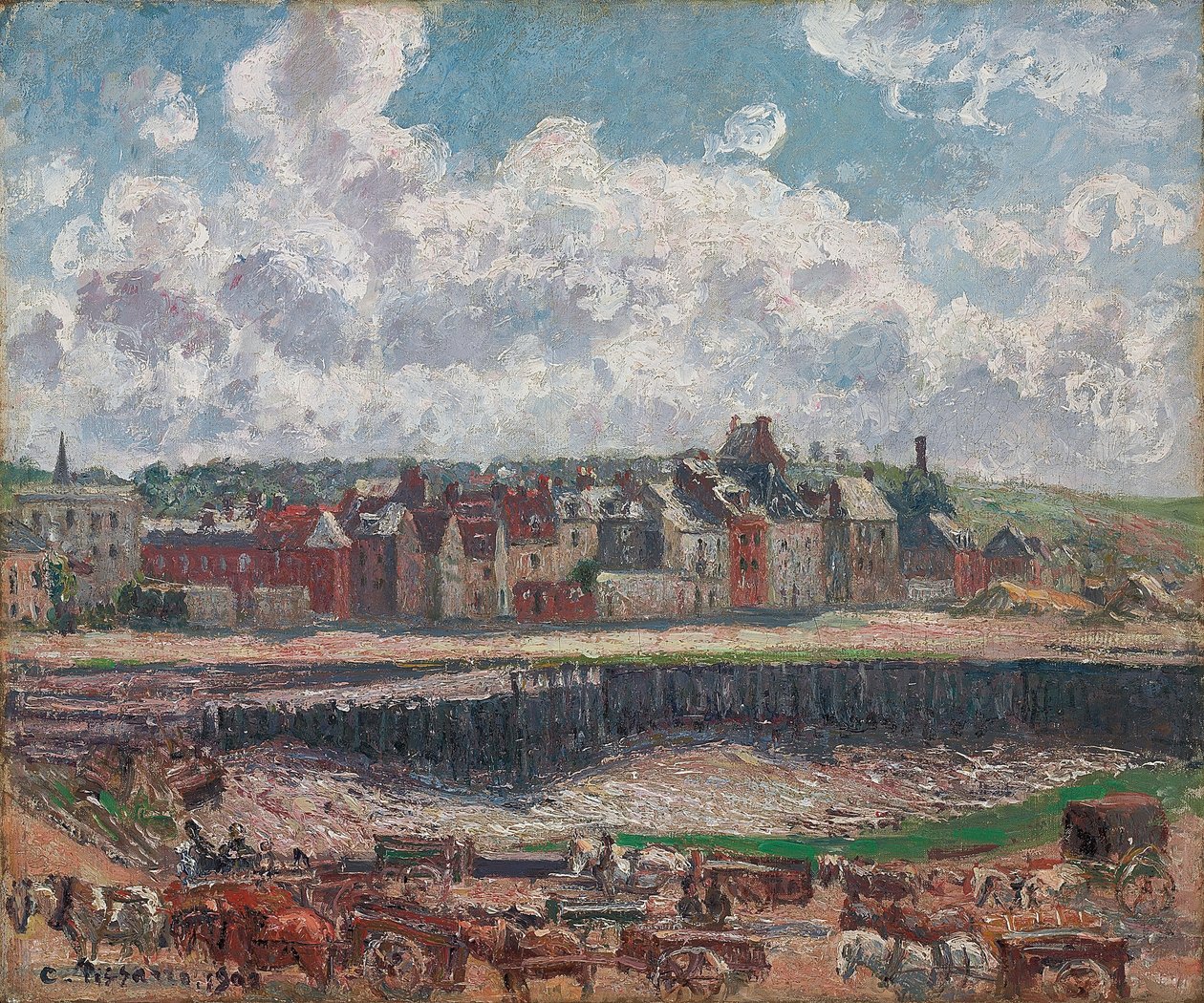 Heste og vogne foran Fiskerihavnen, Dieppe, ved lavvande; Heste og vogne foran fiskekajen, Dieppe, lavvande, 1902 af Camille Jacob Pissarro
