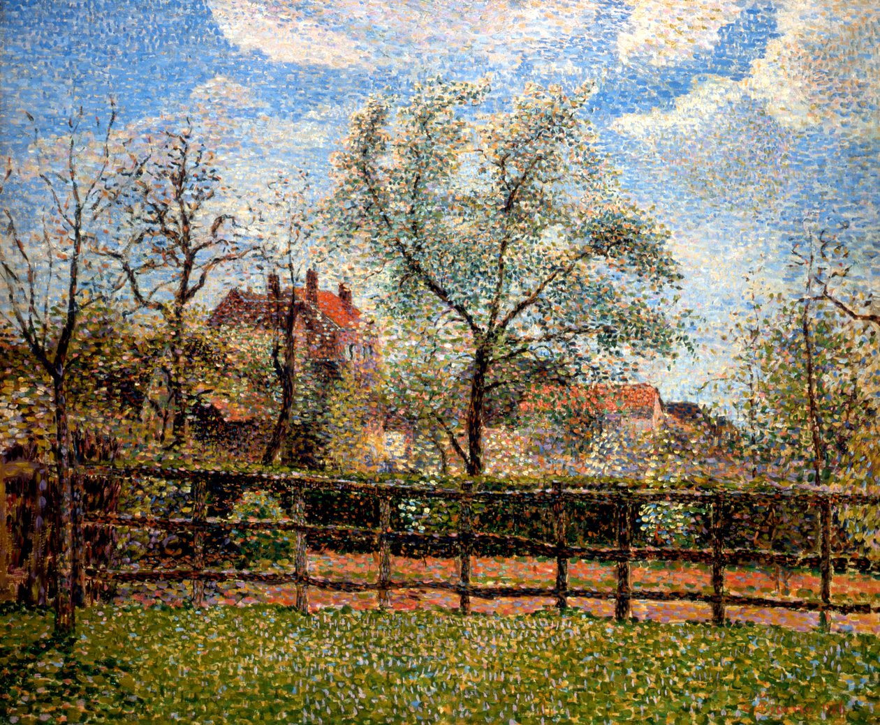 Pæretræer og blomster i Eragny, morgen, 1886 af Camille Jacob Pissarro