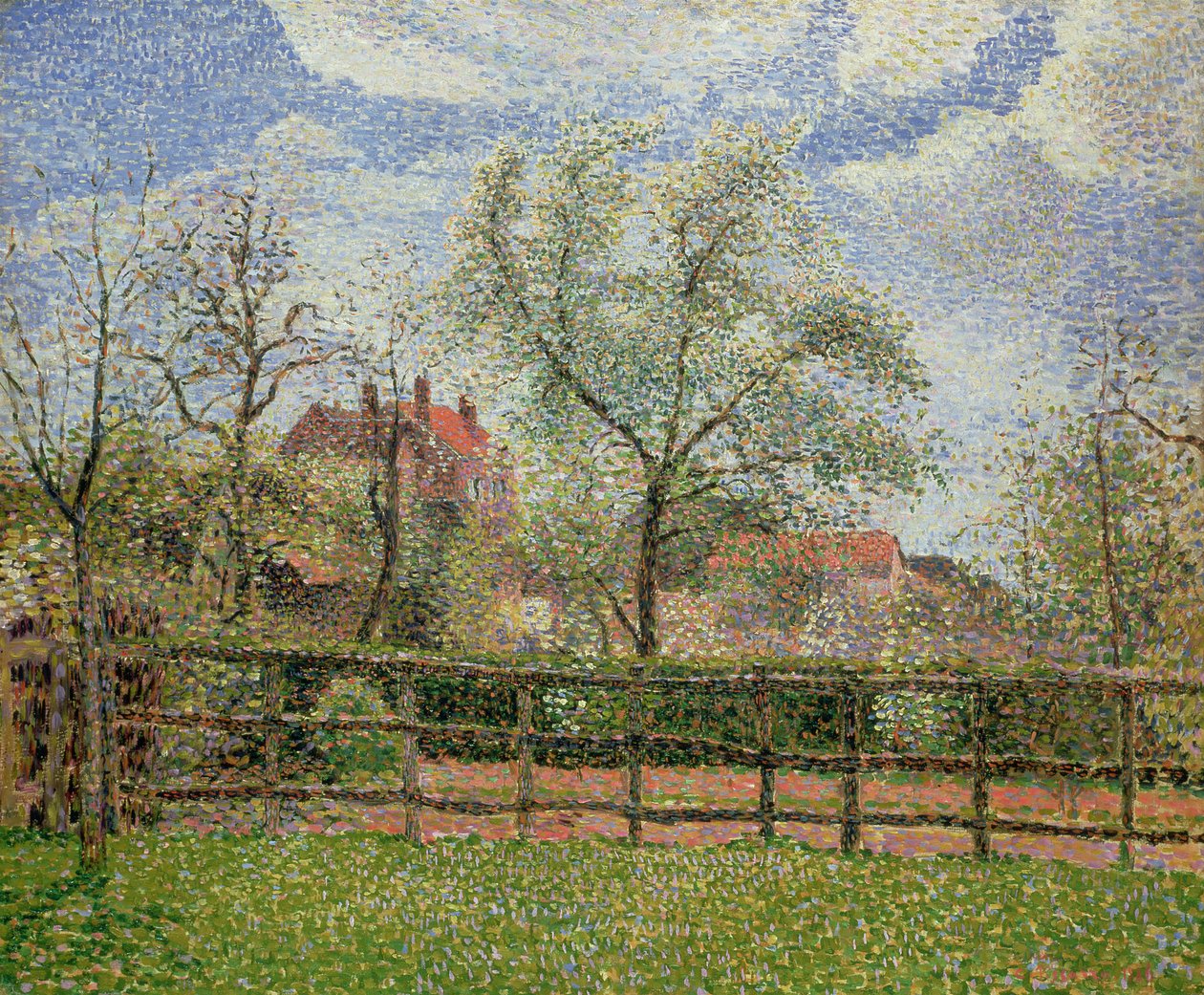 Pæretræer og blomster i Eragny, morgen, 1886 af Camille Jacob Pissarro