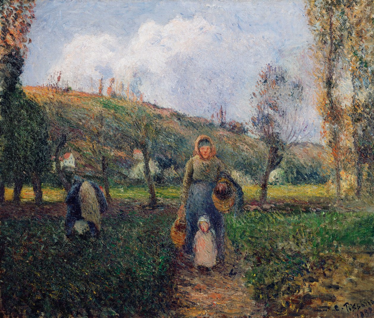 Bonde og barn vender tilbage fra markerne, Pontoise; Bondekvinde og barn vender tilbage fra markerne, Pontoise, 1882 af Camille Jacob Pissarro