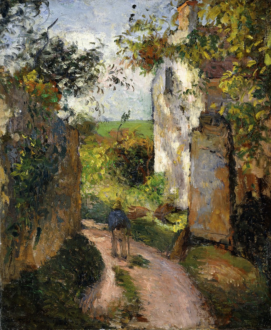 Bonde i en Stræde ved et Hus, Pontoise; Bonde i en gyde ved Hermitage, Pontoise, 1876 af Camille Jacob Pissarro