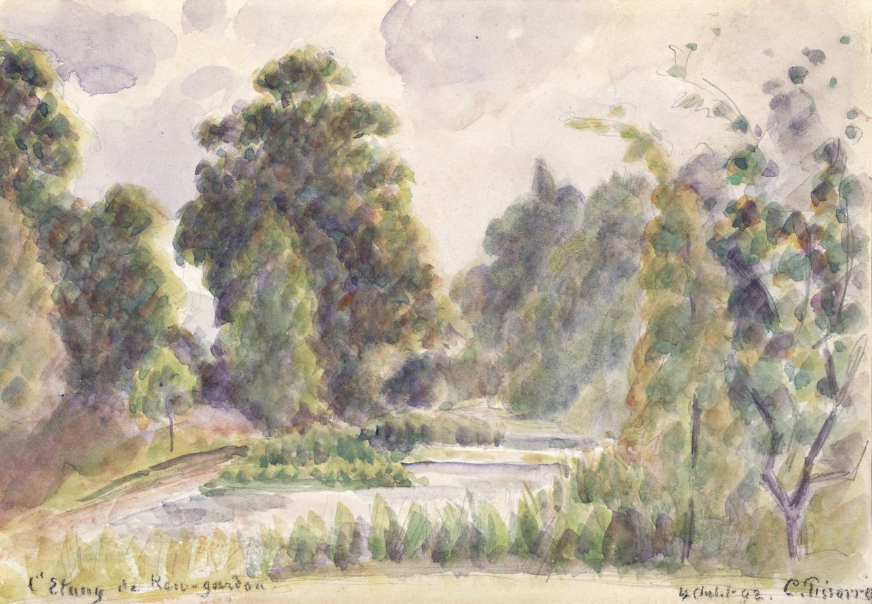Pond at Kew Gardens, 1892 (wc over grafitblyant på lagt papir) af Camille Jacob Pissarro
