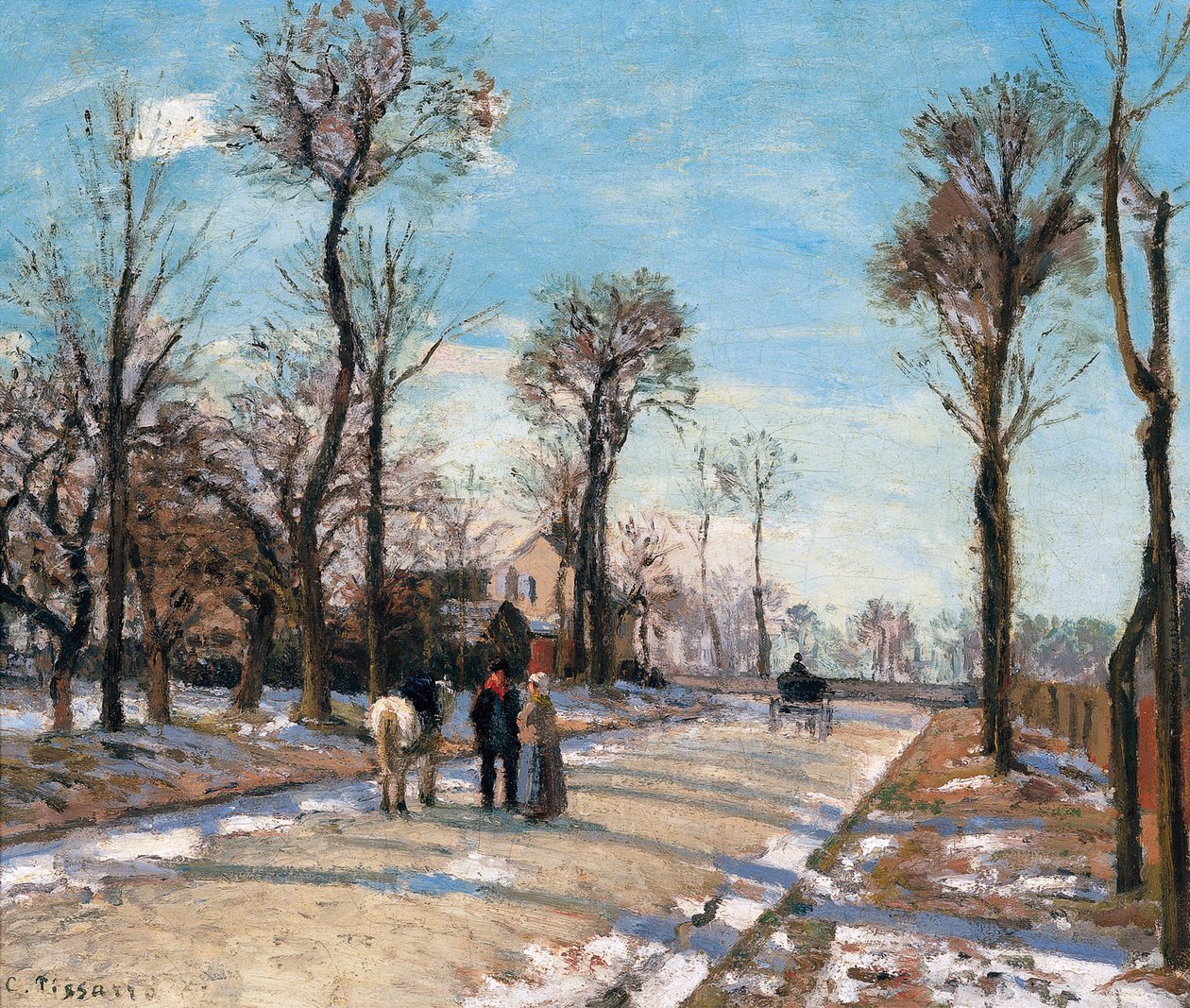 Vejen til Versailles, Louveciennes, vintersol og sne, ca. 1870 af Camille Jacob Pissarro