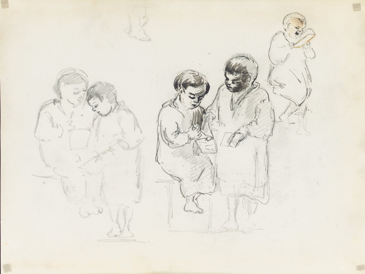 Undersøgelser af to børn, der læser af Camille Jacob Pissarro