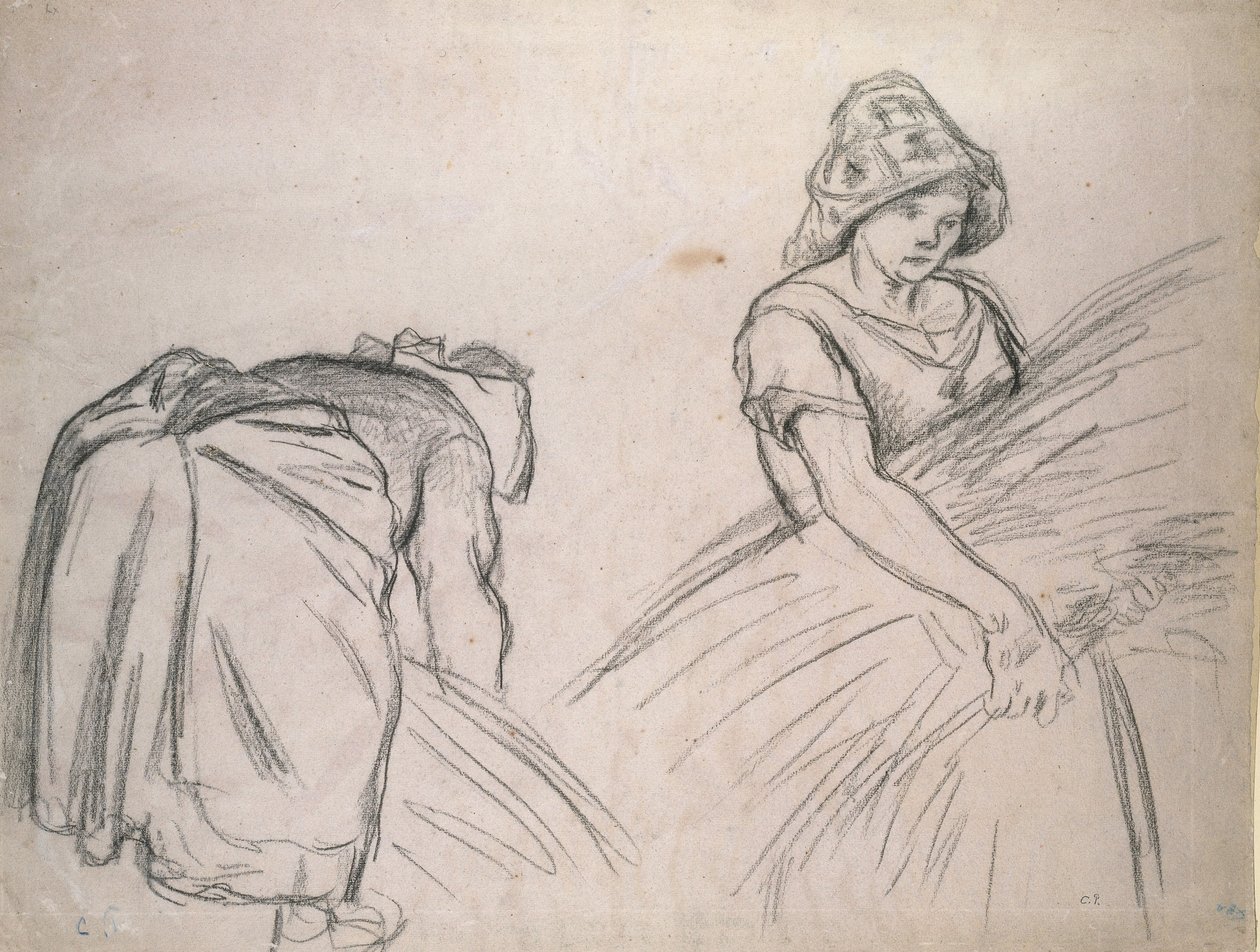 Studie af to kvindelige mejetærskere, 1882 (sort kridt på pink papir med hvid) af Camille Jacob Pissarro