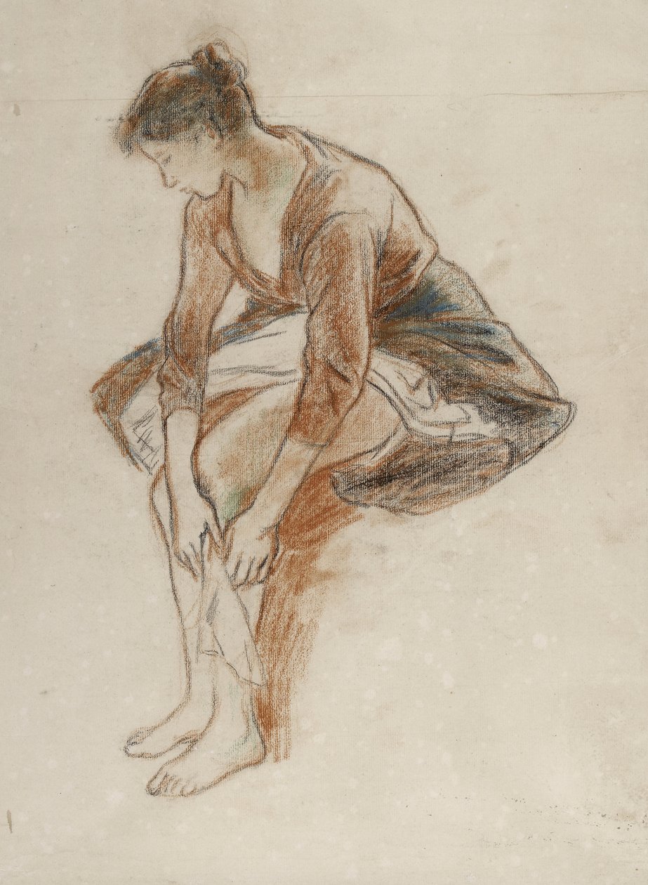 Studie af en ung kvinde, der bader sine ben (farvet kridt med pastel på papir) af Camille Jacob Pissarro