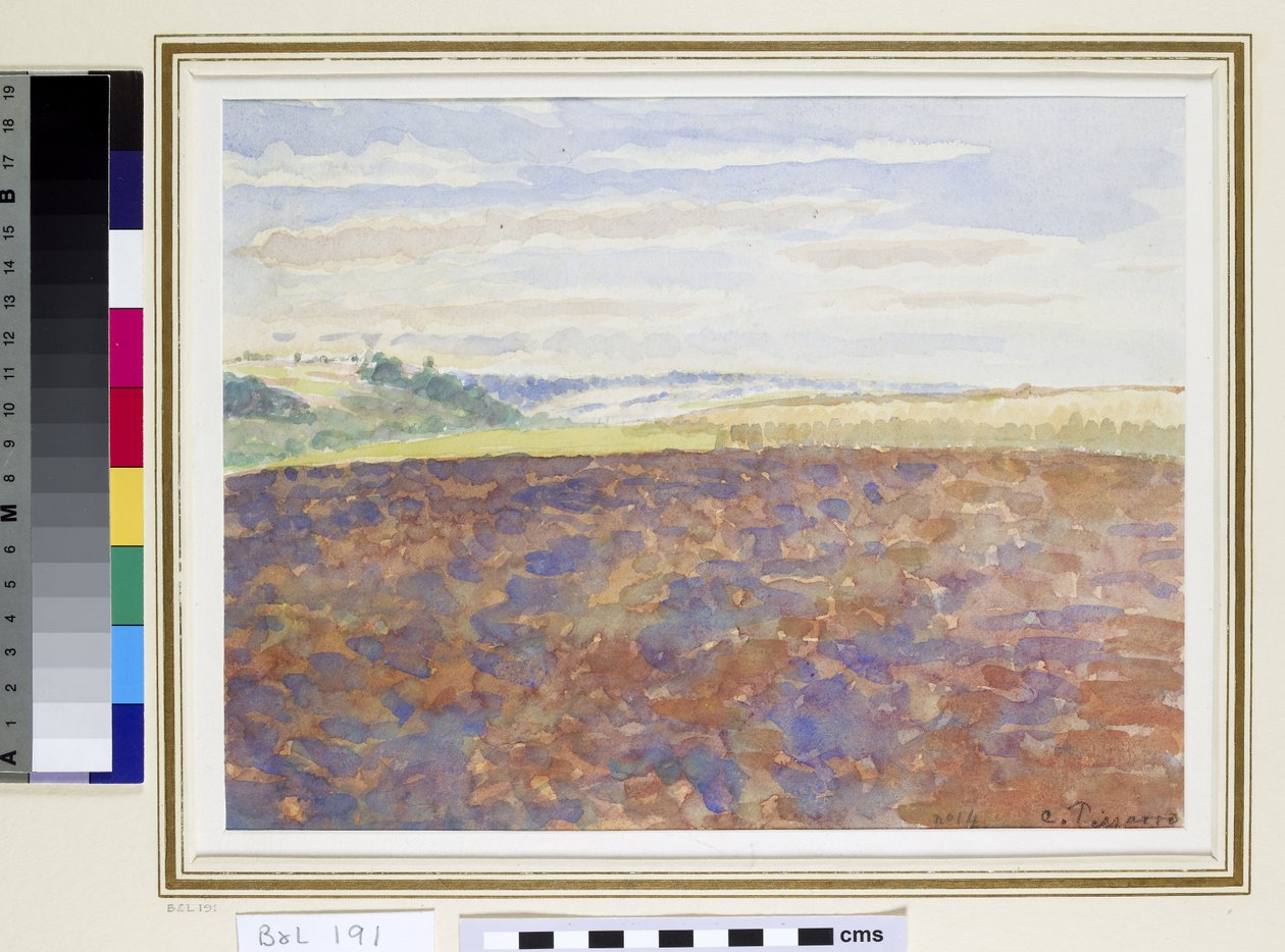 Studie af et landskab med en pløjet mark, Eragny-sur-Epte, ca. 1887-89 (wc på papir) af Camille Jacob Pissarro