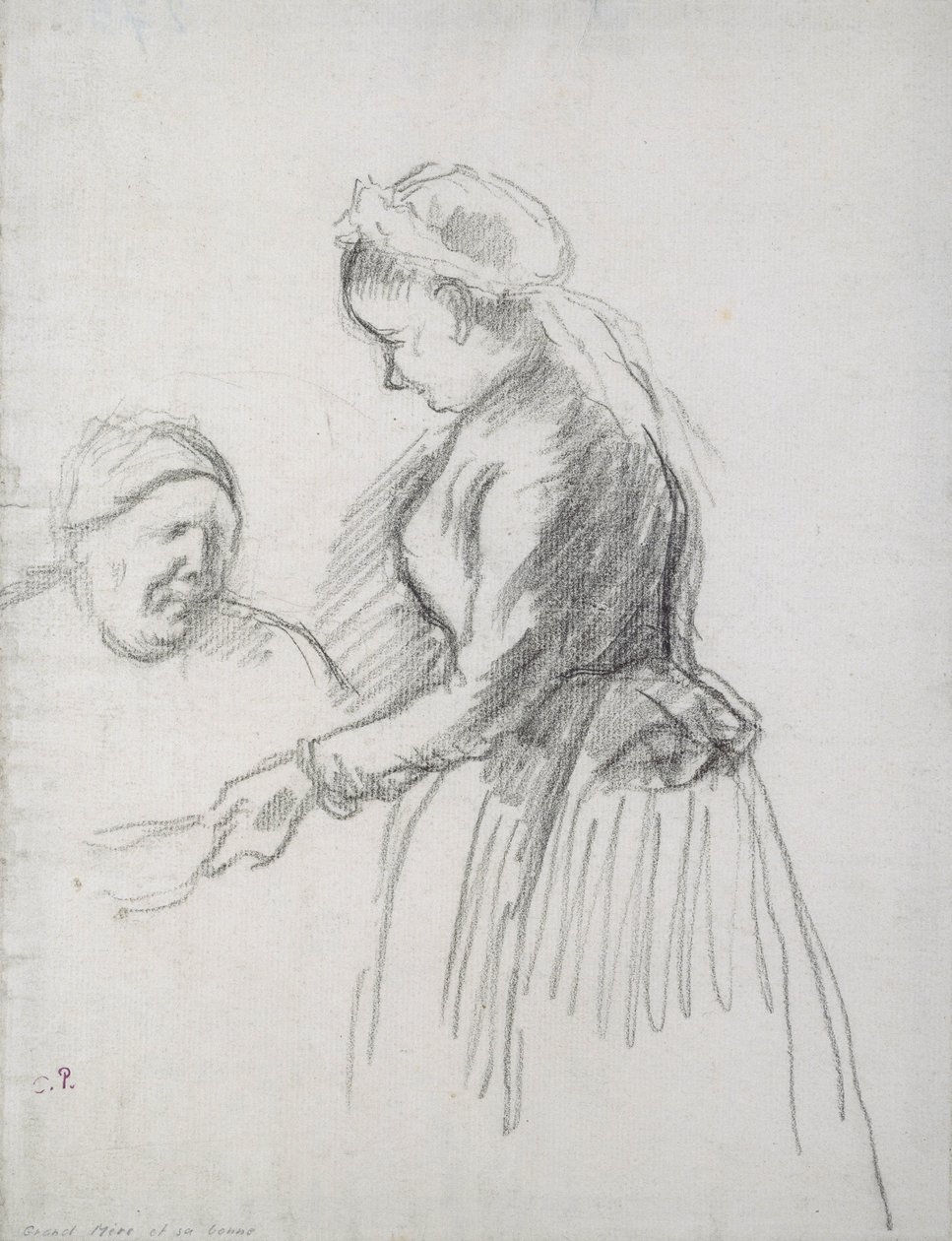 Studie af kunstnerens mor med sin tjenestepige (kul på papir) af Camille Jacob Pissarro