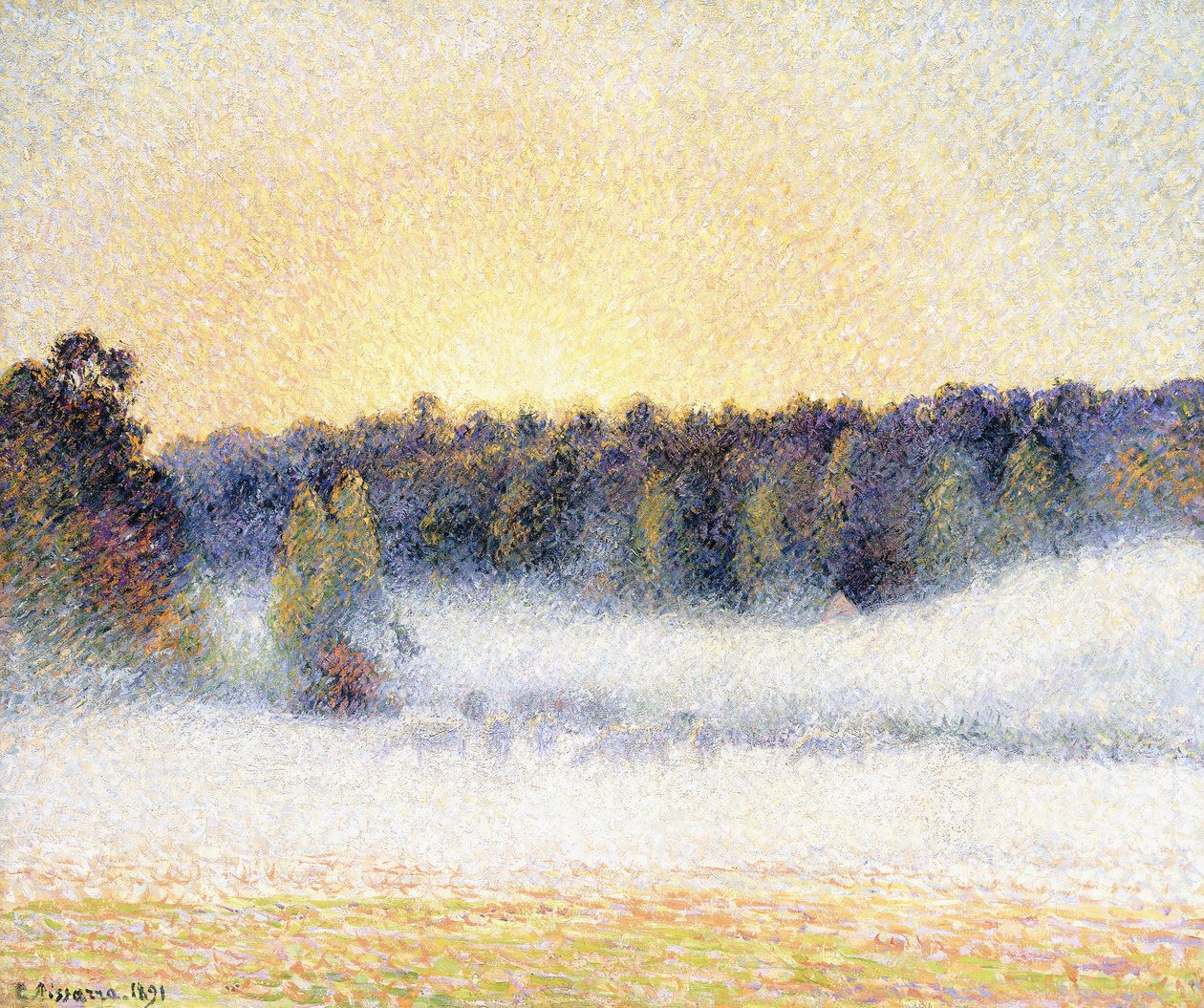 Solnedgang og tåge ved Eragny, 1891 af Camille Jacob Pissarro