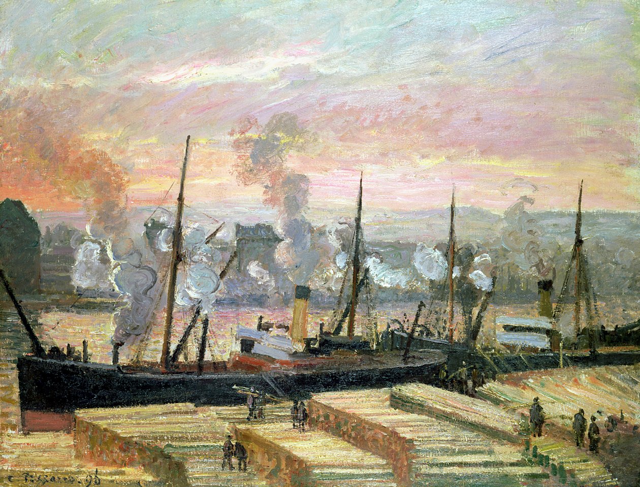 Solnedgang ved Rouen, Boats Lossing Wood, 1896 af Camille Jacob Pissarro