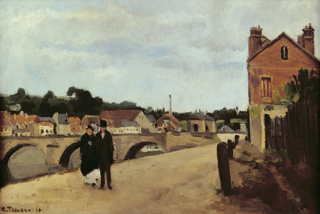 Chemin de lEcluse og Pontoise-broen, 1867 (olie på lærred monteret på panel) af Camille Jacob Pissarro