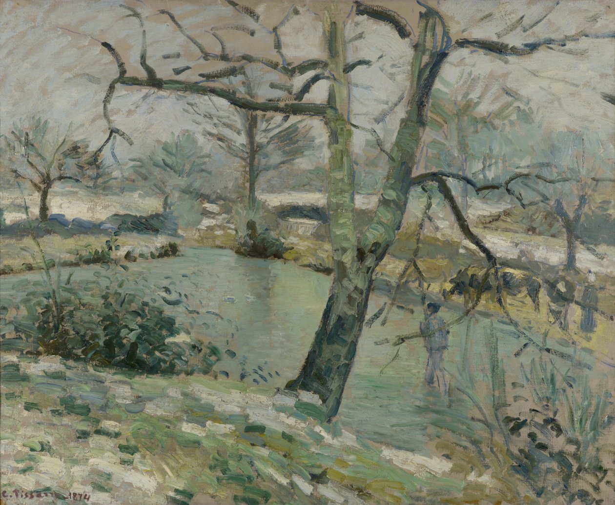 Dammen ved Montfoucault, Vinterens virkning, 1874 af Camille Jacob Pissarro